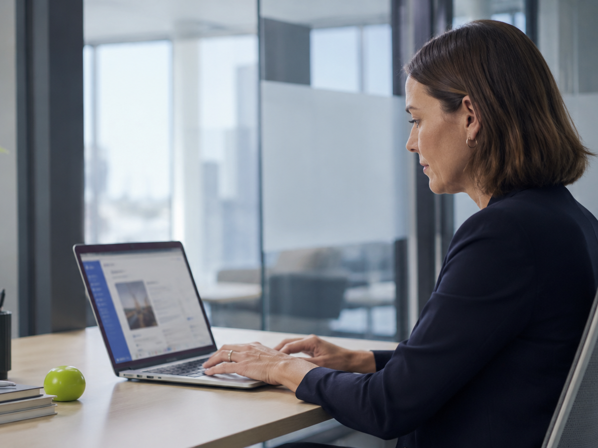 Public sector professional completing an online compliance training module at her desk