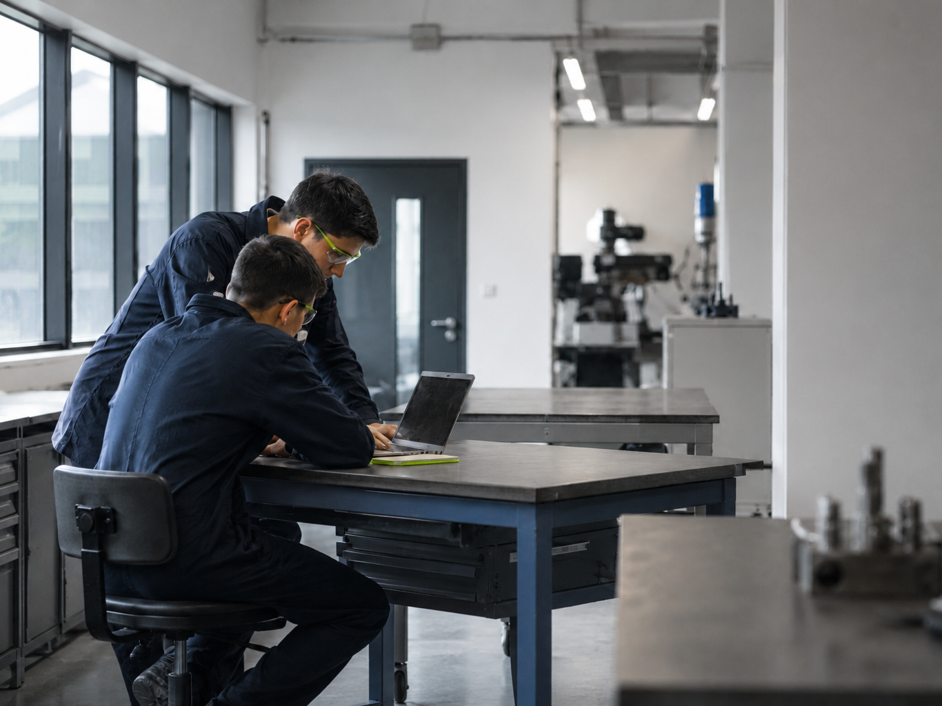 Two vocational trainees reviewing digital course content on a laptop in a workshop