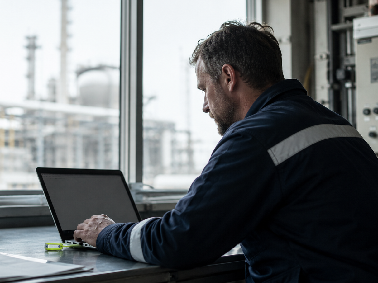 Energy sector worker completing training on a laptop in an industrial control room